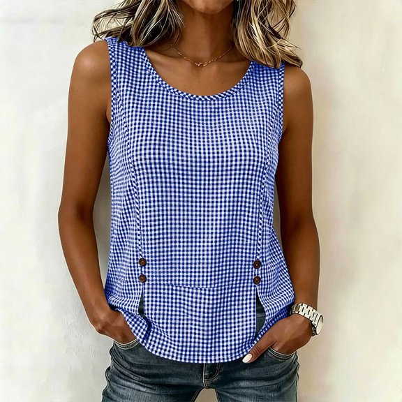 EazyTech Women's Sleeveless Top – Casual Houndstooth Print with Asymmetric Button Placket & Side Slit