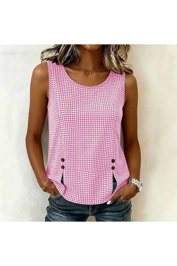 Women's Sleeveless Top – Casual Houndstooth Print with Asymmetric Button Placket & Side Slit