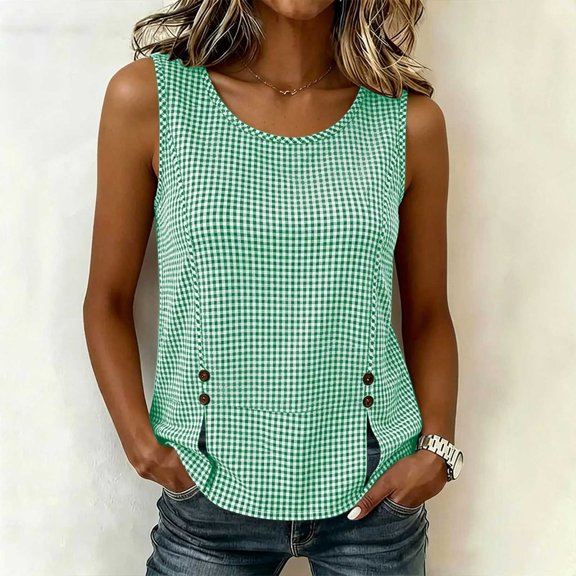 EazyTech Women's Sleeveless Top – Casual Houndstooth Print with Asymmetric Button Placket & Side Slit