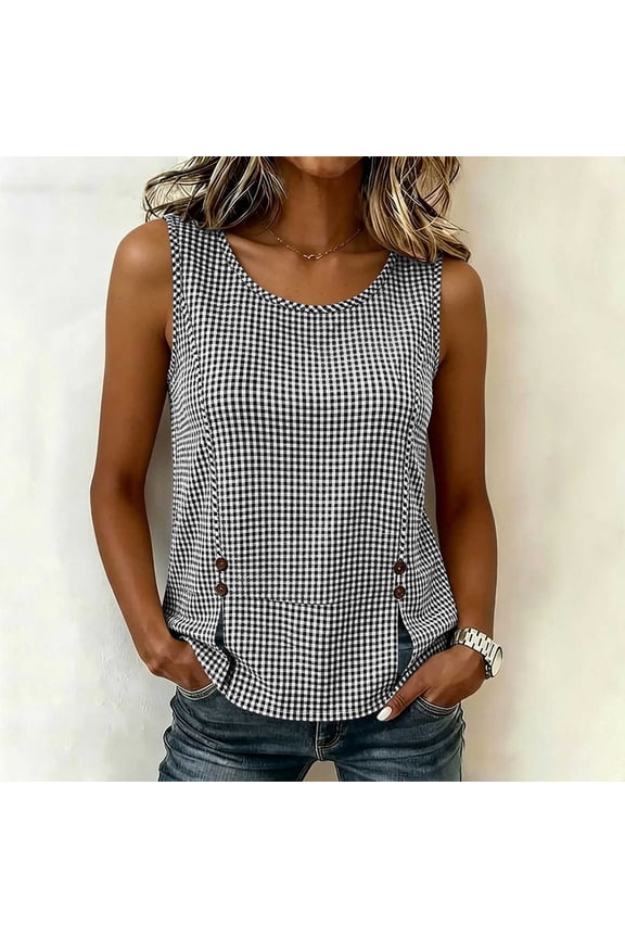 Women's Sleeveless Top – Casual Houndstooth Print with Asymmetric Button Placket & Side Slit