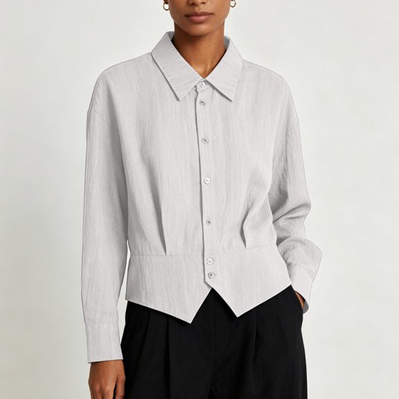 EazyTech Women's Solid Color Button Down Shirt with Asymmetric Hem Long Sleeve Blouse