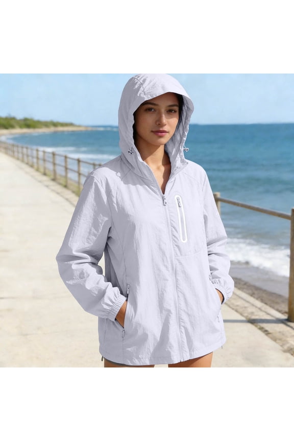 Women's Solid Color Hooded Zip-Up Jacket – Lightweight Ice Silk, Water-Resistant & UV-Protective