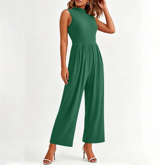 EazyTech Women's Solid Color Sleeveless Round Neck Jumpsuit with Pockets Back Zipper Wide Leg Casual Romper