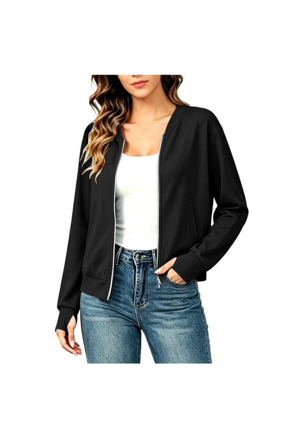Women's Solid Color Zip-Up Jacket – V-Neck Thumbhole Cuff Workout Top