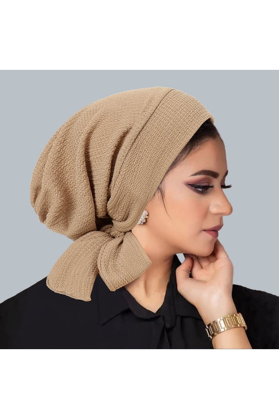 Women's Solid Crystal Linen Long Tail Headscarf Cap Wavy Pattern Hat Elastic Adjustable Self Binding Soft Warm Daily Fashion
