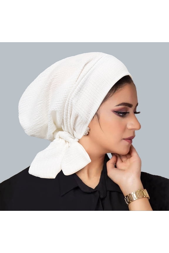 Women's Solid Crystal Linen Long Tail Headscarf Cap Wavy Pattern Hat Elastic Adjustable Self Binding Soft Warm Daily Fashion