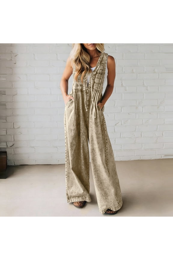 Women's Spring Sweet V-Neck Suspender Backless Jumpsuit with Washed Denim Fabric, Ruffled Flared Leg, Beach Vacation Outfit