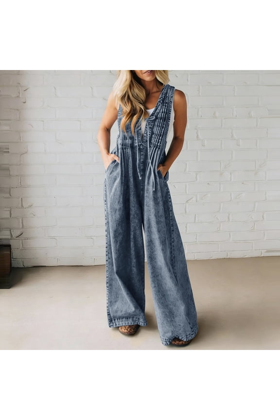 Women's Spring Sweet V-Neck Suspender Backless Jumpsuit with Washed Denim Fabric, Ruffled Flared Leg, Beach Vacation Outfit