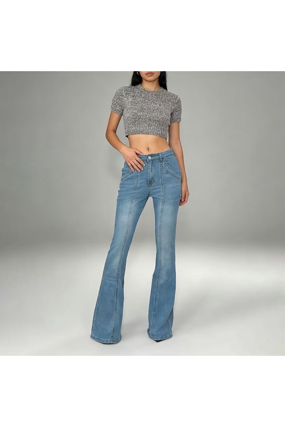 Women's Stretch Flared Jeans with Seam Detail Simple Design Versatile Slimming Trousers
