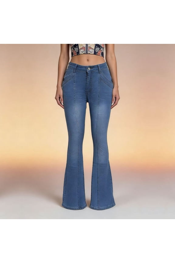 Women's Stretch Flared Jeans with Seam Detail Simple Design Versatile Slimming Trousers