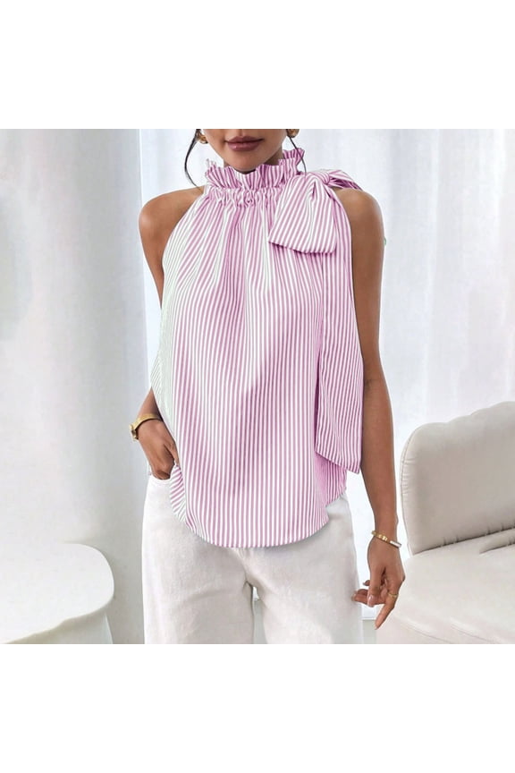 Women's Striped Halter Tie Knot Neck Tank Top Sleeveless Ruffle Elegant Blouse Business T-Shirt