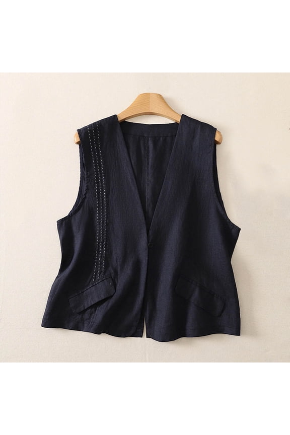 Women's V-Neck Embroidered Open Front Button Pocket Summer Fashion Sleeveless Vest