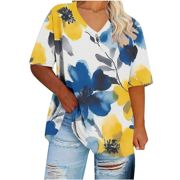 EazyTech Women's V-Neck T-Shirts Short Sleeve Loose Fit Casual Tops Basic Tees Curved Hem Plus Size Summer