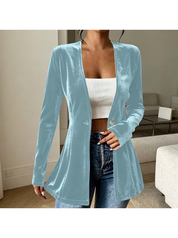 Women's Velvet Blazer Cardigan – Long Sleeve One-Button Solid Color Slim Fit Elegant Jacket for Spring & Autumn