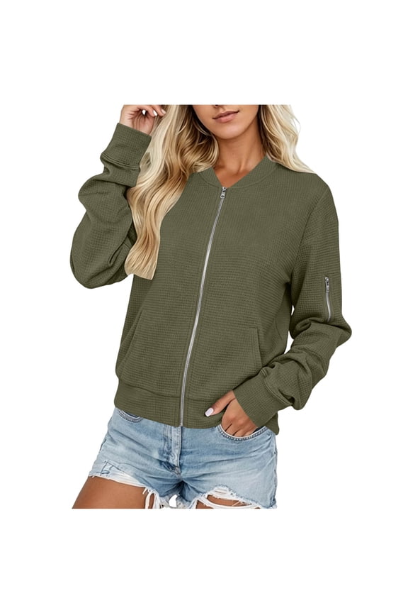 Women's Waffle Knit Zip Up Jacket V-Neck Long Sleeve Bomber Jacket with Pockets