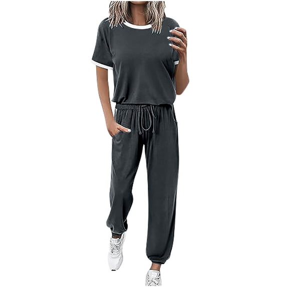 EazyTech Womens 2 Piece Outfits 2026 Summer Tracksuit Sets Short Sleeve Tops Travel Long Pants Jogger Lounge Set