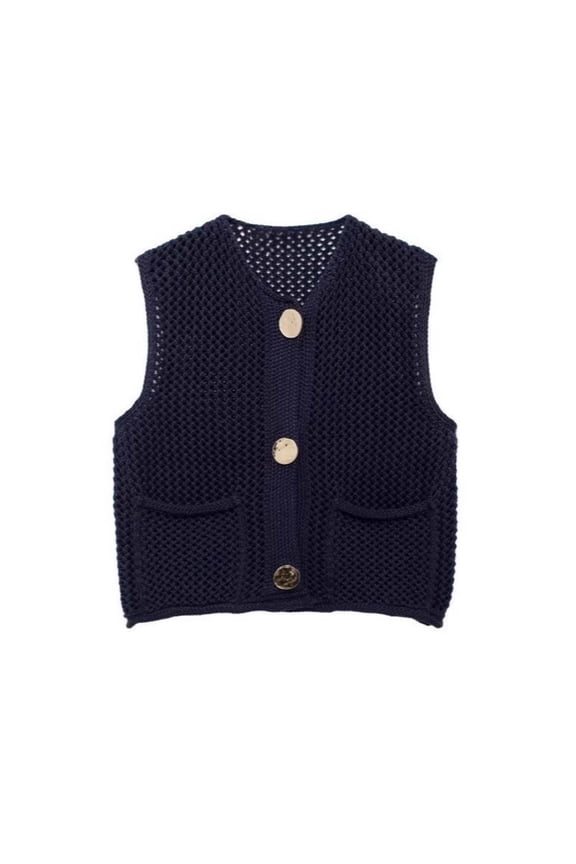 Womens Crochet Chunky Knit Top Sleeveless Button Down Crop Tops Trendy Cardigan Sweater Vest for Women with Pockets