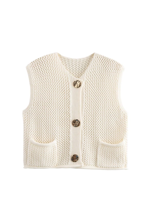 Womens Crochet Chunky Knit Top Sleeveless Button Down Crop Tops Trendy Cardigan Sweater Vest for Women with Pockets