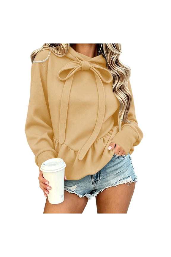 Womens Cute Hoodies Bow Tie Ruffle Peplum Hem Pullover Sweatshirt