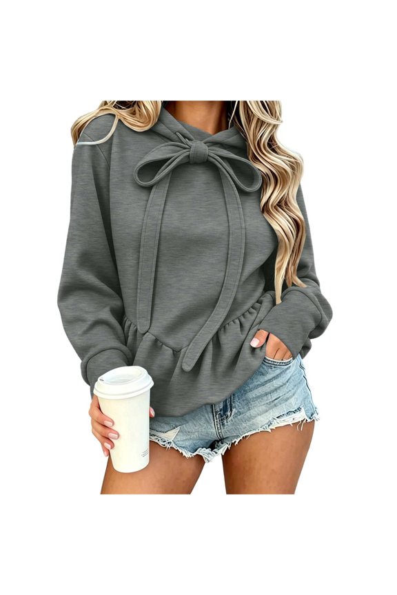 Womens Cute Hoodies Bow Tie Ruffle Peplum Hem Pullover Sweatshirt