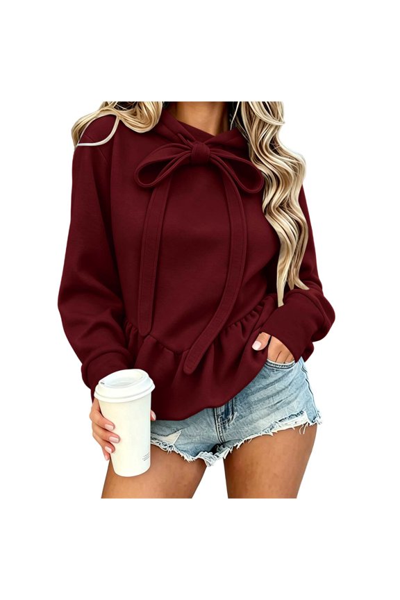 Womens Cute Hoodies Bow Tie Ruffle Peplum Hem Pullover Sweatshirt