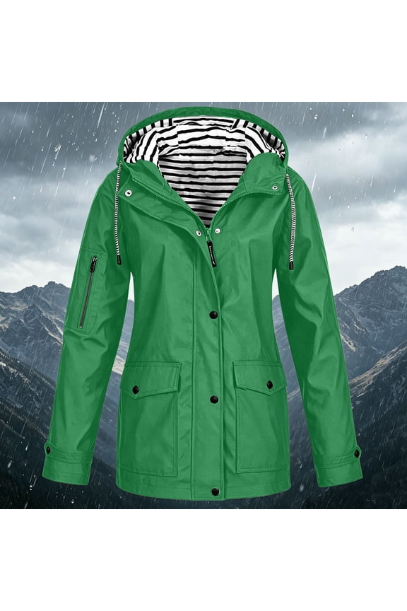 Womens Hooded Raincoat Lightweight Fit Plus Size Waterproof Dressy Zip up Rain Jacket Windbreaker with Pockets