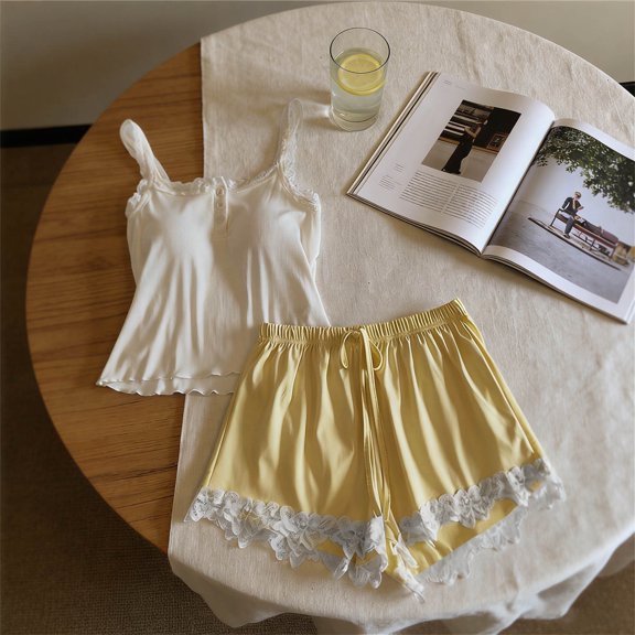 EazyTech Womens Summer Lace Camisole Pajama Set with Chest Pad French Button High Waist Elastic Waist Sashes Casual Lounge Wear