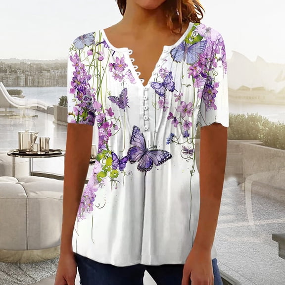 EazyTech Womens Summer Tops Dressy Casual Short Sleeve Button V Neck T Shirts Trendy Boho Floral Tunic Blouses Cute Flowy Tees