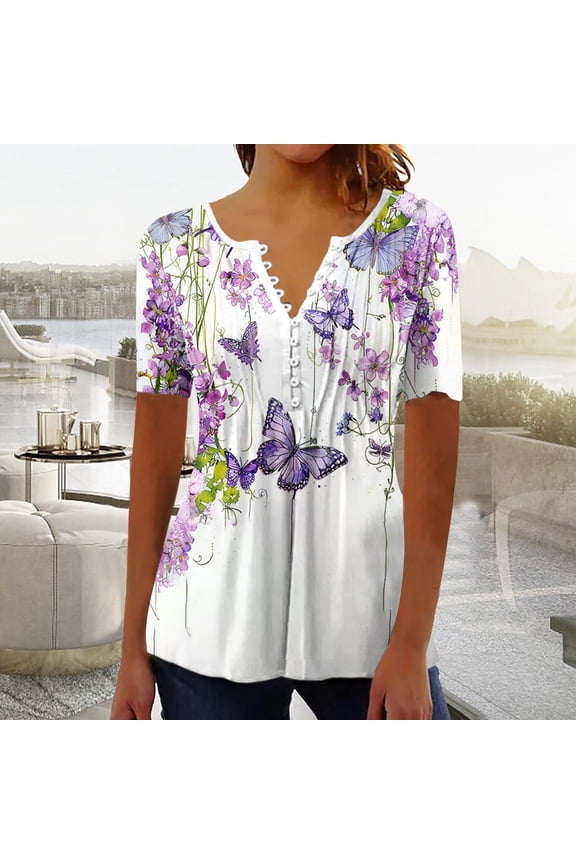 Womens Summer Tops Dressy Casual Short Sleeve Button V Neck T Shirts Trendy Boho Floral Tunic Blouses Cute Flowy Tees
