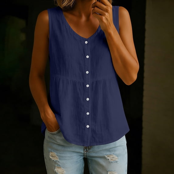 EazyTech Womens Tank Tops Cotton Linen Button Down Shirts V-Neck Sleeveless Gauze Cardigan Summer Casual Flowy Blouses