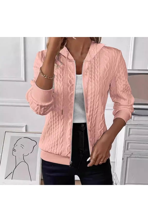 Zip Up Hoodie Women Textured Bomber Lightweight Jacket Fall Casual Long Sleeve Hoodies Cable Knit Jackets with Hood