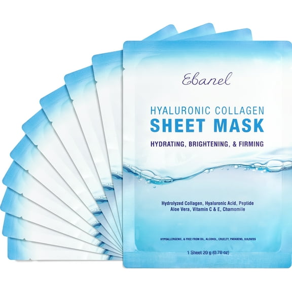 Ebanel 10-Pack Collagen Face Mask, Instant Brightening Hydrating Face Sheet Mask
