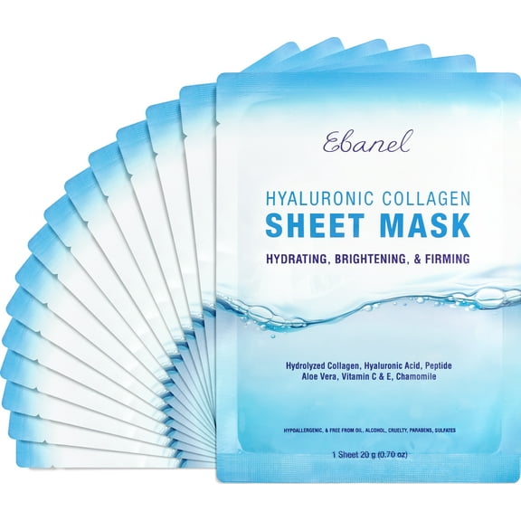 Ebanel 15-Pack Collagen Face Mask, Instant Brightening Hydrating Face Sheet Mask