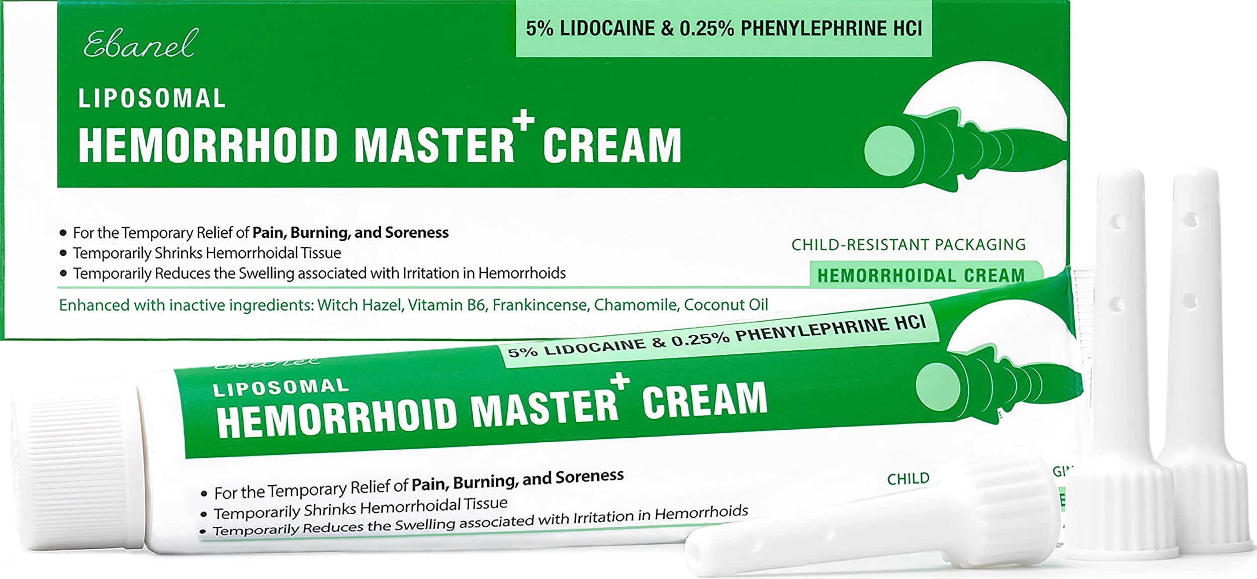 Ebanel 5% Lidocaine Hemorrhoid Treatment Cream with Witch Hazel, Phenylephrine, Horse Chestnut, Vitamin B6, Zinc Oxide, External and Internal Hemorrhoids Treatment Burn Itch Pain Relief Anal Cream