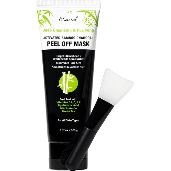 Ebanel Blackhead Remover Charcoal Peel Off Face Mask with Brush, Deep Cleansing Purifying Charcoal Mask Pore Cleaner Minimizer with Niacinamide, Hyaluronic Acid, Aloe, Green Tea, Brush May Vary