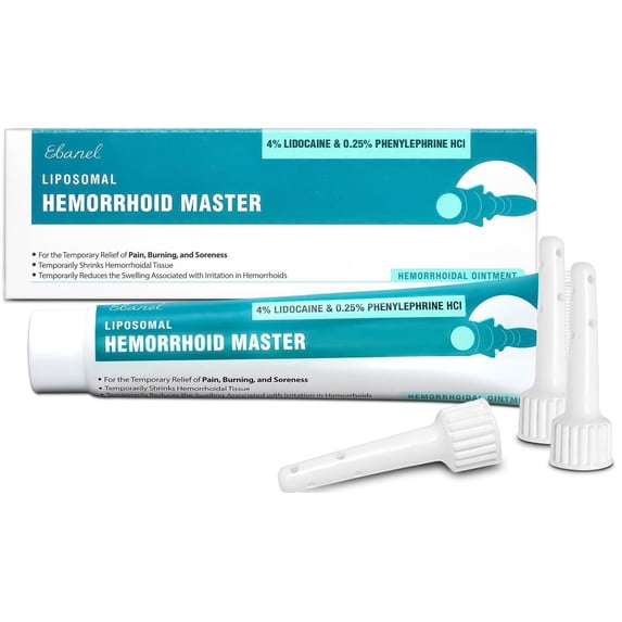 Ebanel 4% Lidocaine Hemorrhoid Treatment Ointment with Phenylephrine, Hydrocortisone, Vitamins B6, D3, E, Zinc Oxide, External and Internal Hemorrhoids Treatment Burn Itch Pain Relief Anal Cream