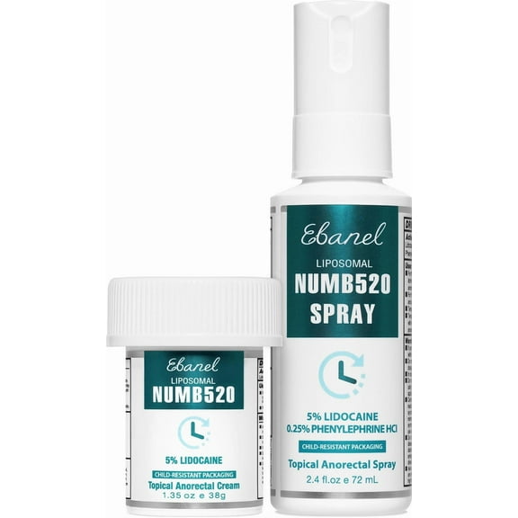 Ebanel Set of 5% Lidocaine Numbing Cream and 5% Lidocaine Spray Pain Relief Numbing Spray for Skin, Maximum Strength Topical Anesthetic to Numb Pain Burn Itch for Local and Anorectal Uses