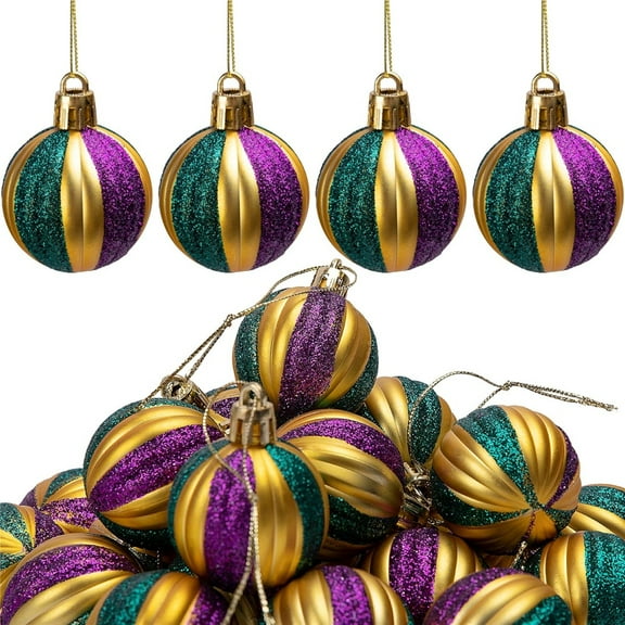 Ebaokuup 12 PCS Mardi Gras Ball Ornaments - 2 Inch Shatterproof Hanging Ornaments for Mardi Gras Holiday & Christmas Parties - New Orleans Style (Vertical Striped),Multi Color