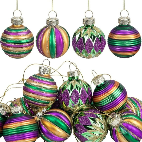 Ebaokuup 12 PCS Mardi Gras Glass Ball Ornaments - 1.5 Inch Glitter Hanging Balls - New Orleans Purple, Green, Gold Ornaments for Mardi Gras Holiday Party Decorations