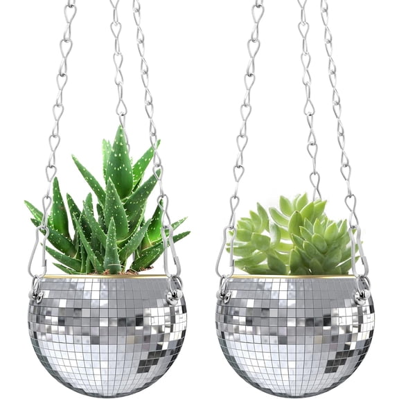 Ebaokuup 2 Pcs Hanging Disco Ball Planter - 4Inch Sliver Disco Mirror Ball Planter with Chain - Home Boho Hanging Planter for Indoor Outdoor Plants