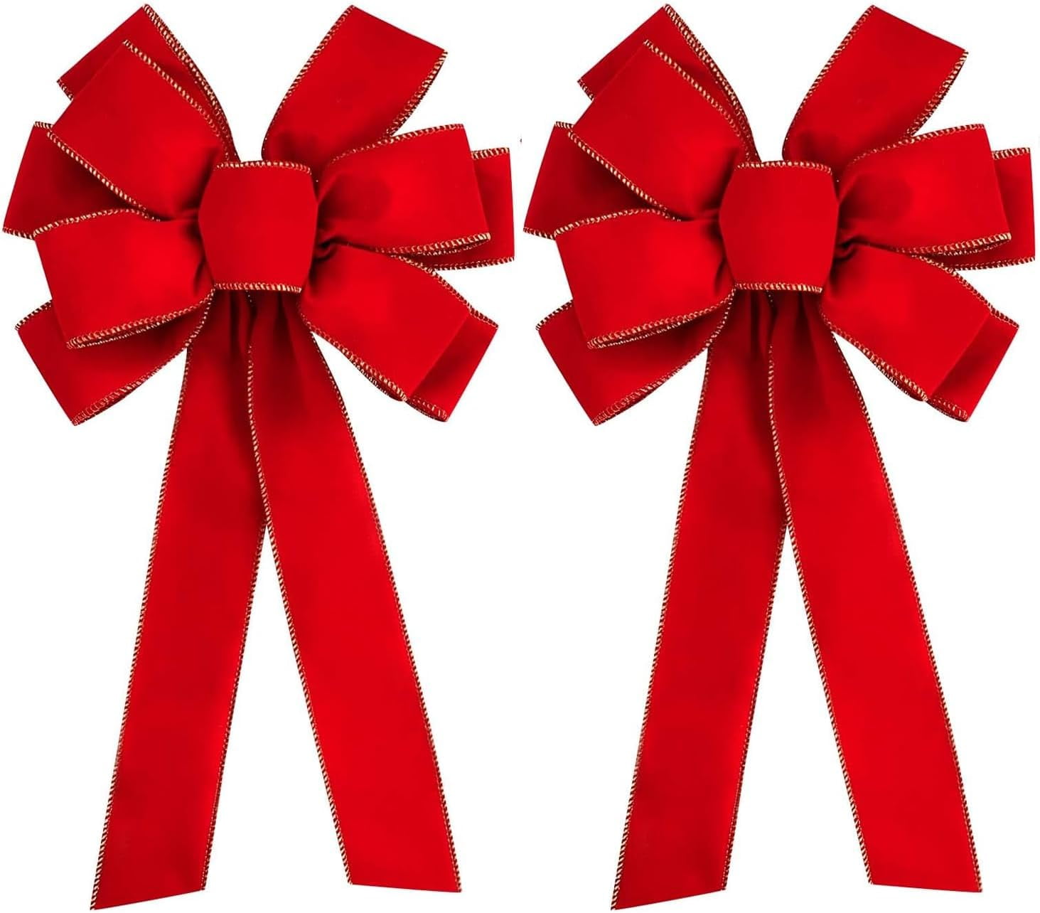 Ebaokuup 2 Pcs Large Christmas Bow-30.7" x 10.6" Christmas Golden Edged Red Velvet Bow-Christmas Tree Topper Ornament Bow for Xmas Home Wreath Decoration