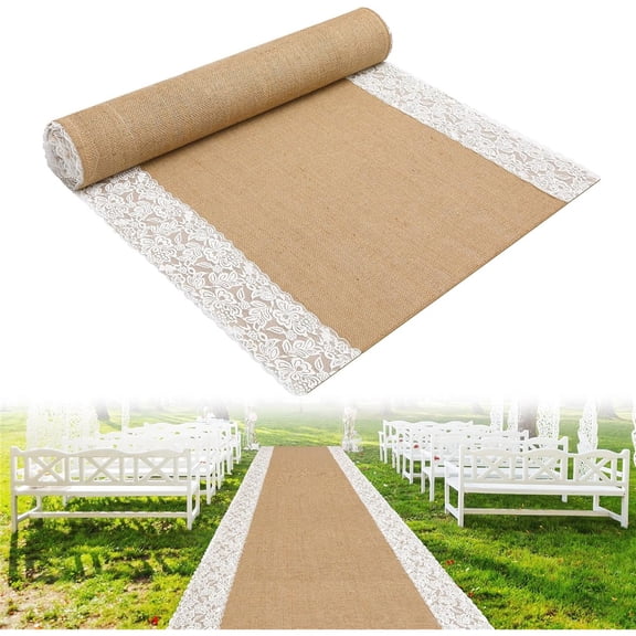 Ebaokuup 20 Ft x 36 in Natural Burlap Wedding Aisle Runner, Rustic Jute Weddings Runway Carpet with Lace, Ceremony Burlap Carpet Roll for Beach Garden Church Reception Craft Decor,brown