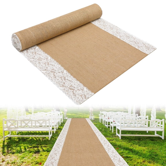 EBaokuup 20ft x 36" Natural Burlap Wedding Aisle Runner with Lace