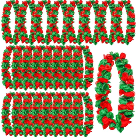 Ebaokuup 24 Pcs Christmas Leis, Red and Green Hawaiian Flower Necklace, Tropical Luau Leis for Christmas Cosplay Beach Wedding Carnival Themed Party Decorations