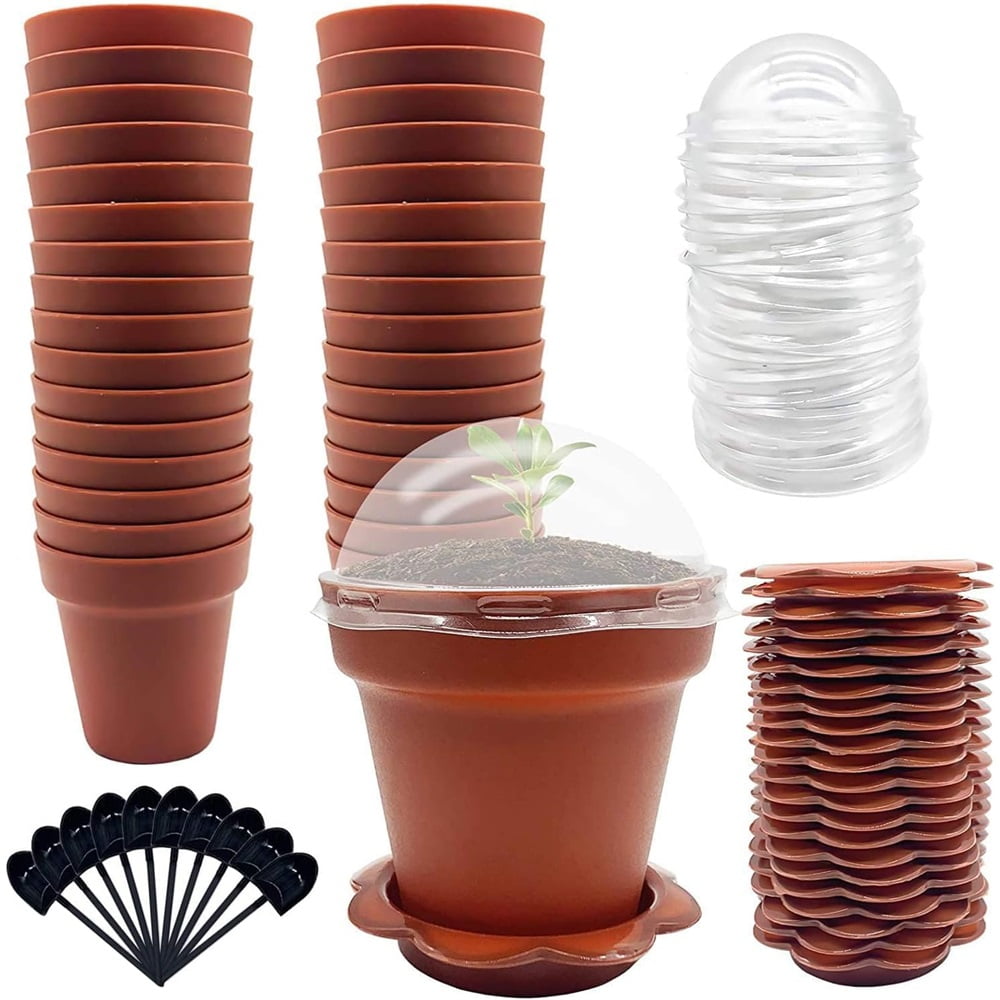 Ebaokuup 30 Pack Cupcake Plant Nursery Pots with Humidity Dome- Small Plastic Flower Pots with Saucers and Shovel for Indoor Outdoor Seedling Succulent Vegetable,30 Packs