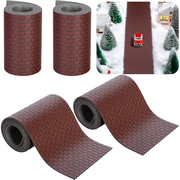 Ebaokuup 4 Pcs Christmas Village Reddish Brown Brick Road-39 x 3.5 Inch Cuttable Christmas Village Landscape Road-Miniature Xmas Village Accessories for Home Garden Street Landscape Decorations