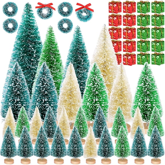 Ebaokuup 56 Pcs Artificial Mini Christmas Trees Set - Miniature Sisal Frosted Christmas Trees Bottle Brush Trees for DIY Crafts Home Table Top Decor