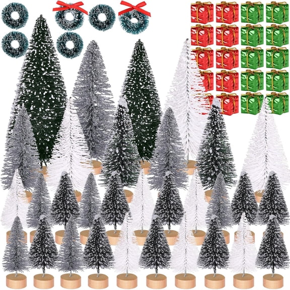 Ebaokuup 56 Pcs Artificial Mini Christmas Trees Set - Miniature Sisal Frosted Christmas Trees Bottle Brush Trees for DIY Crafts Home Table Top Decor