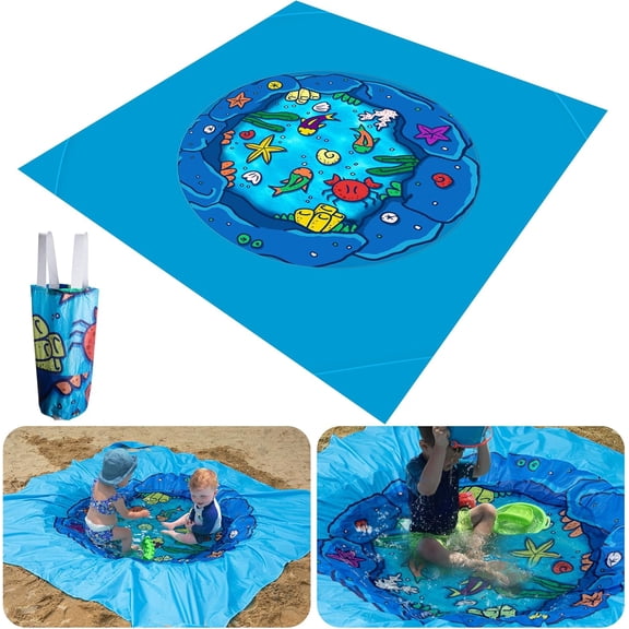 Ebaokuup 6.6 x 6.6 Ft Portable Baby Beach Pool, Waterproof Beach Pool Blanket for Toddler with Water Bag, Collapsible Beach Puddle Mat for Boys Girls Kids Infant Outdoor Summer Vacation
