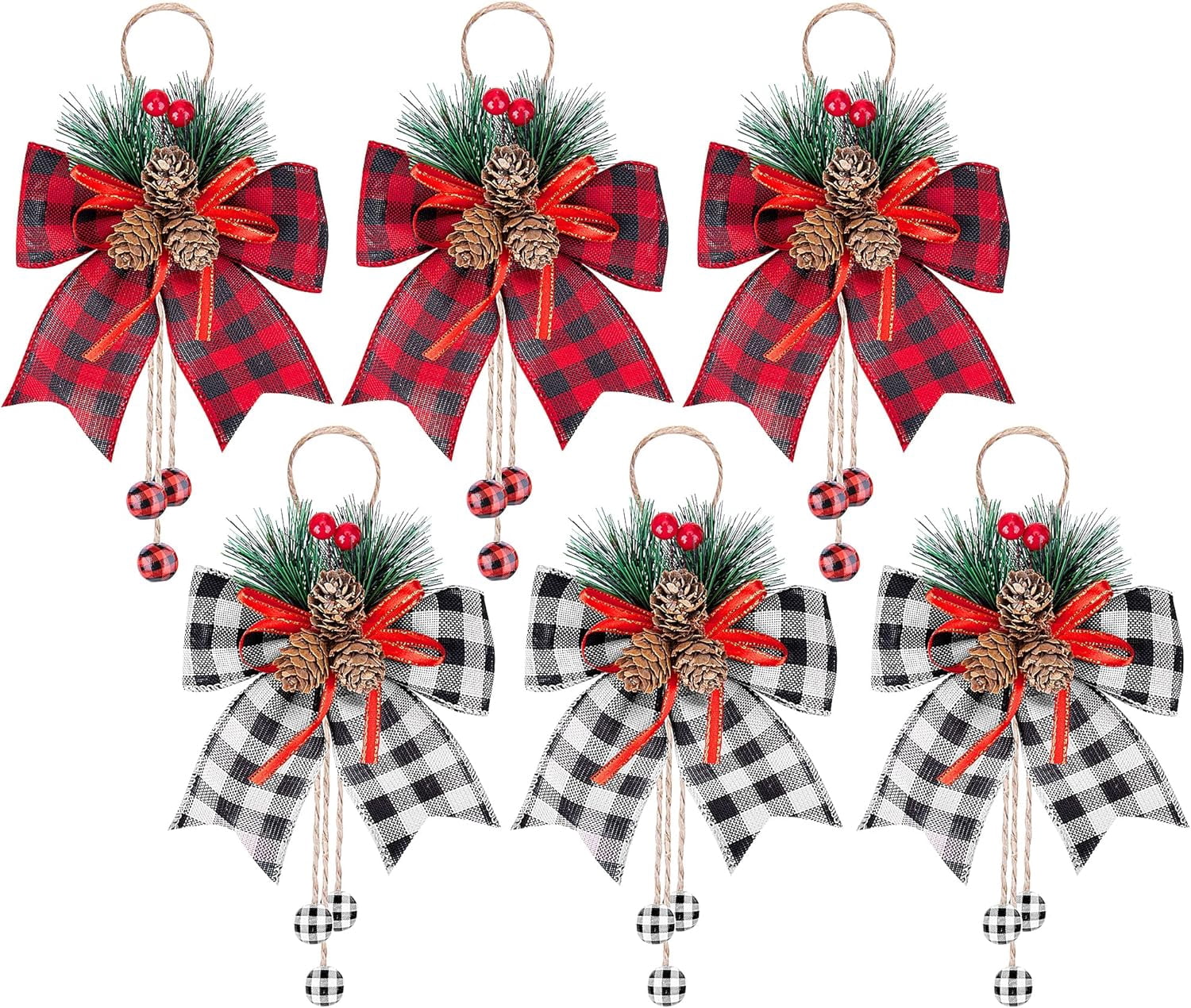 Ebaokuup 6 Pcs Christmas Burlap Plaid Bows with Pine Cones Pine Needles, Large Christmas Decoration Buffalo Plaid Bows, Xmas Wreath Bow Buffalo Check Bow for Holiday Crafts Home Party Tree Decor